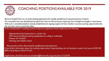 Coaching Positions Available for 2019